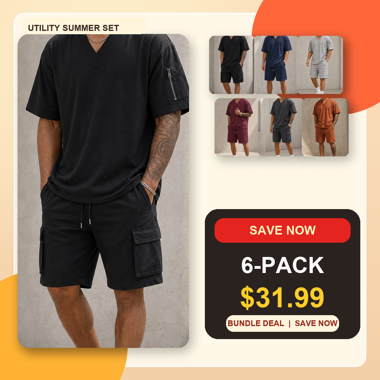 Men's V-Neck Utility Short Sleeve Top and Cargo Shorts Set