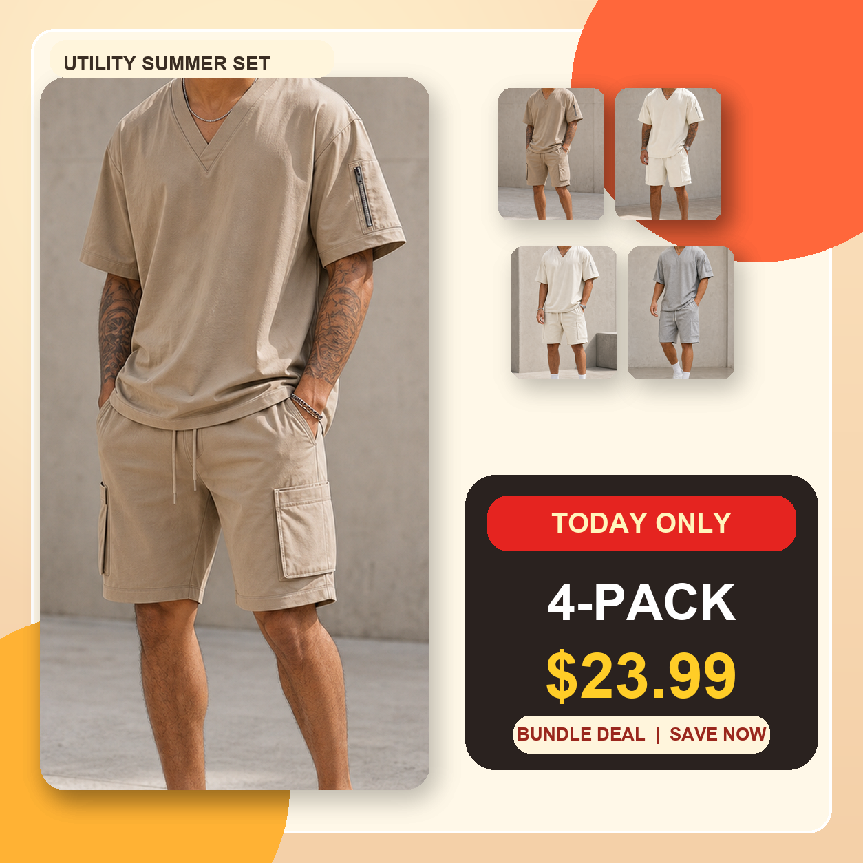 Men's V-Neck Utility Short Sleeve Top and Cargo Shorts Set