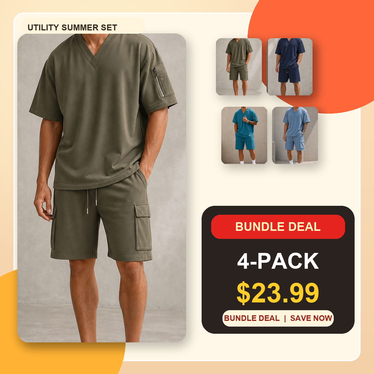Men's V-Neck Utility Short Sleeve Top and Cargo Shorts Set