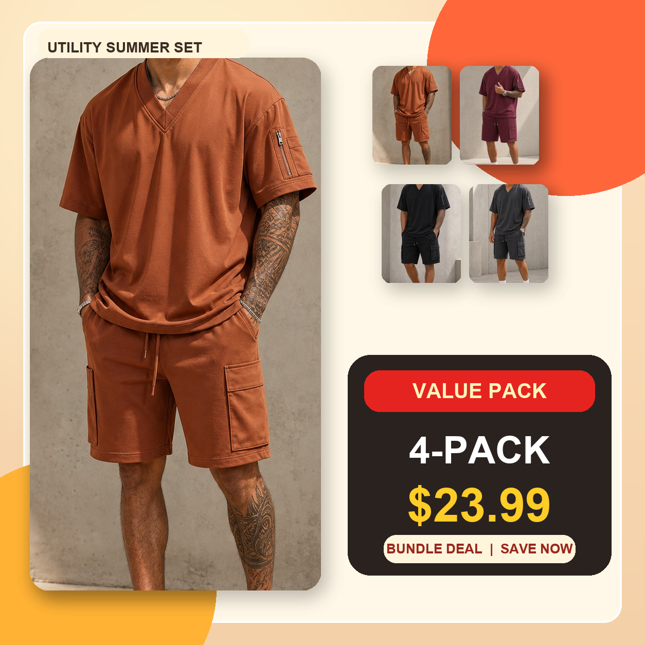 Men's V-Neck Utility Short Sleeve Top and Cargo Shorts Set