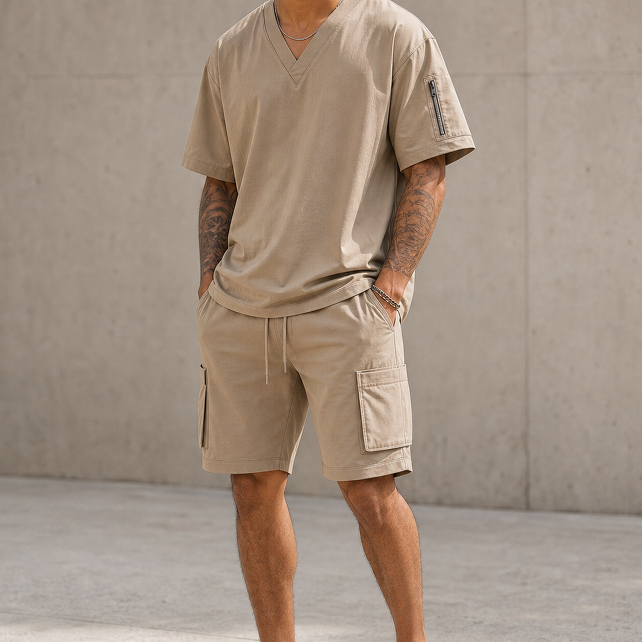 Men's V-Neck Utility Short Sleeve Top and Cargo Shorts Set