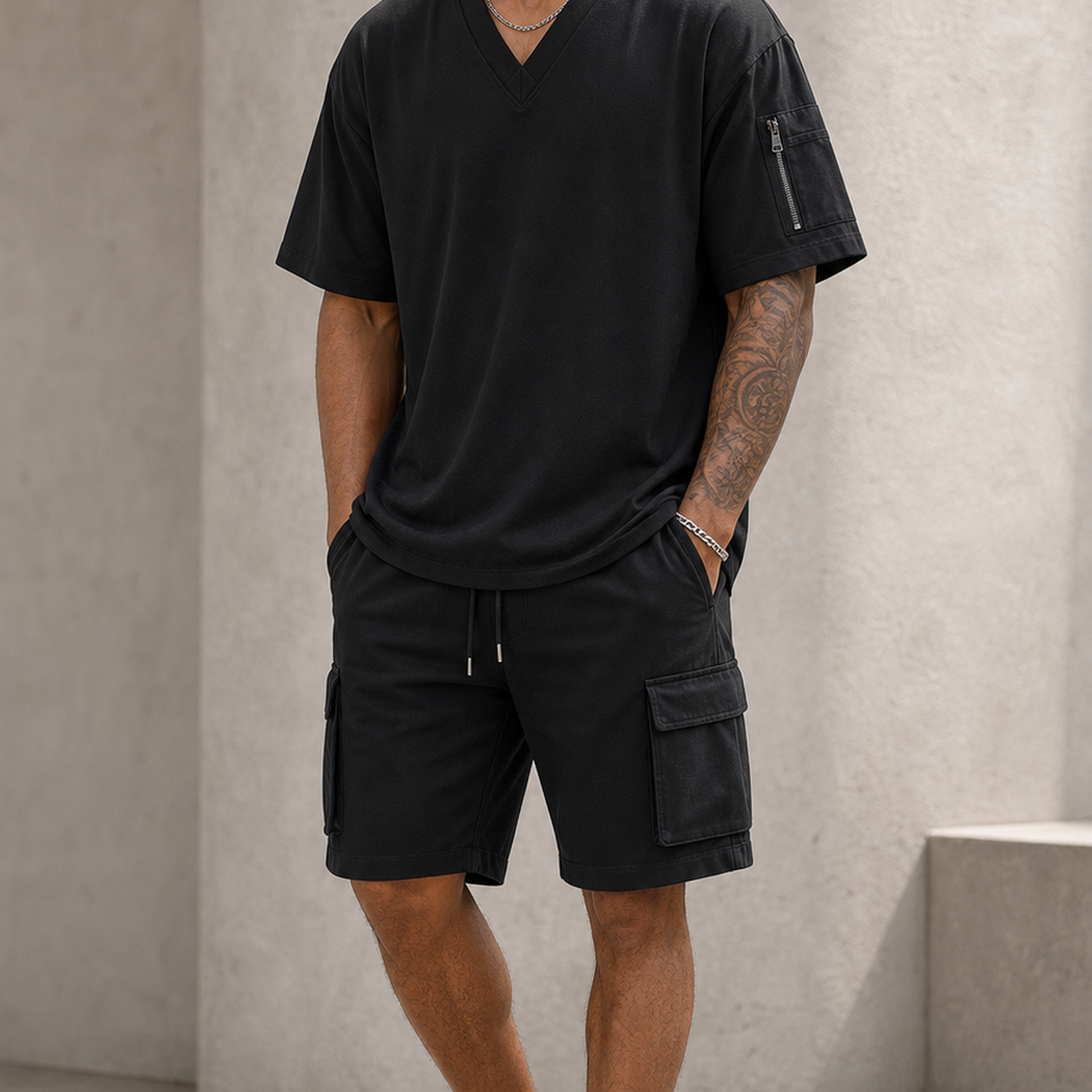 Men's V-Neck Utility Short Sleeve Top and Cargo Shorts Set