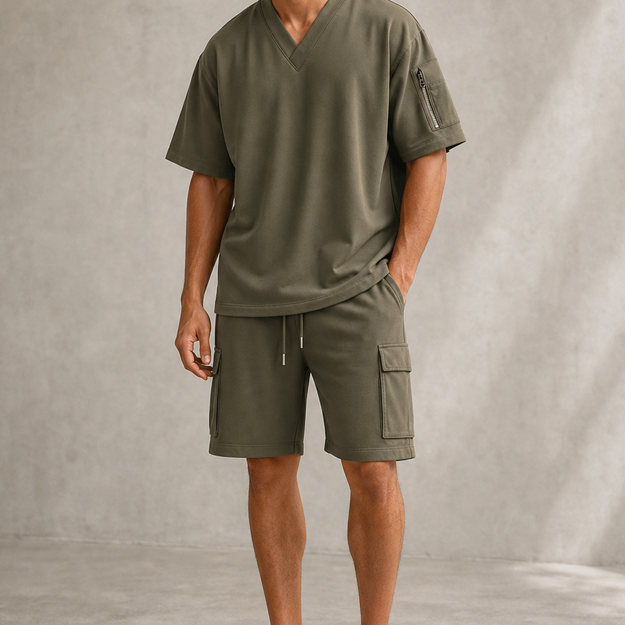Men's V-Neck Utility Short Sleeve Top and Cargo Shorts Set