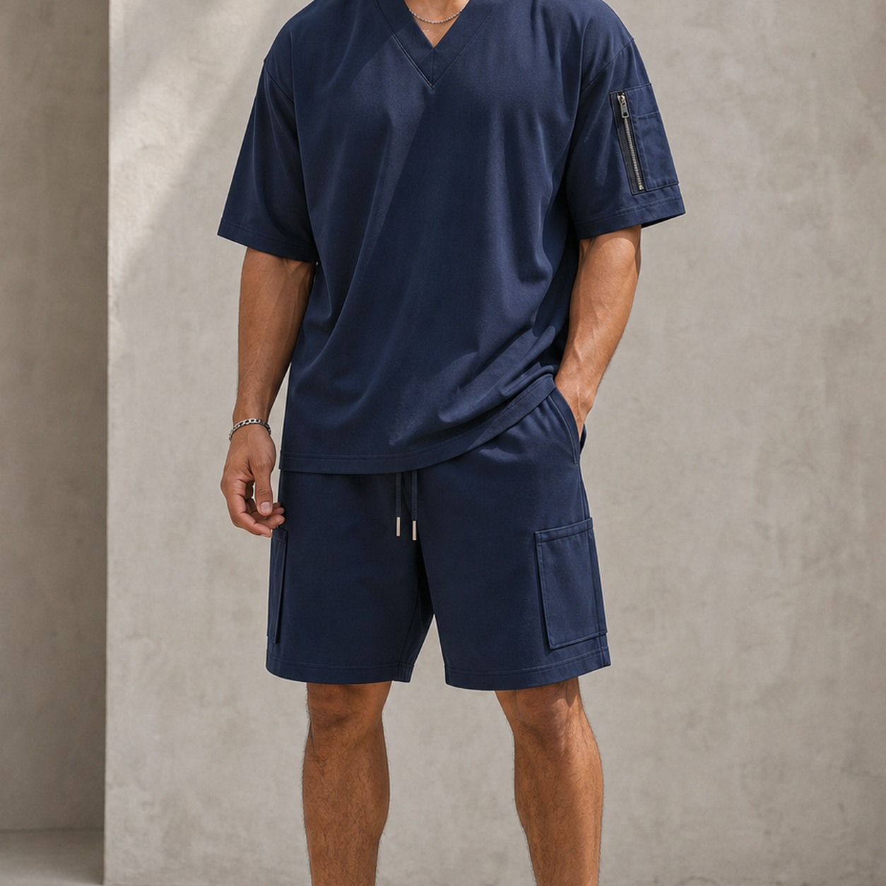 Men's V-Neck Utility Short Sleeve Top and Cargo Shorts Set