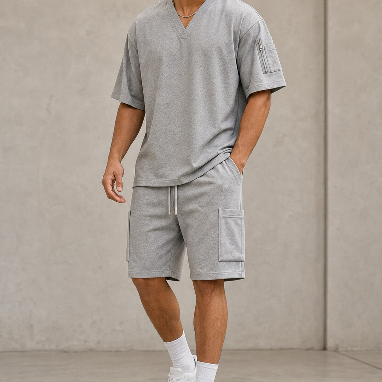 Men's V-Neck Utility Short Sleeve Top and Cargo Shorts Set