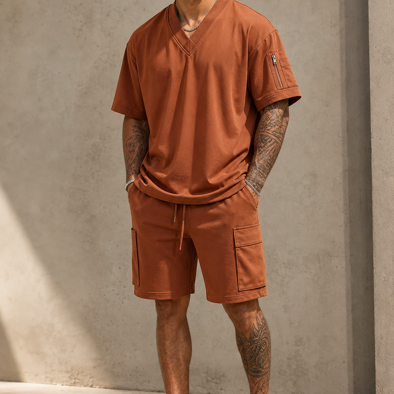 Men's V-Neck Utility Short Sleeve Top and Cargo Shorts Set
