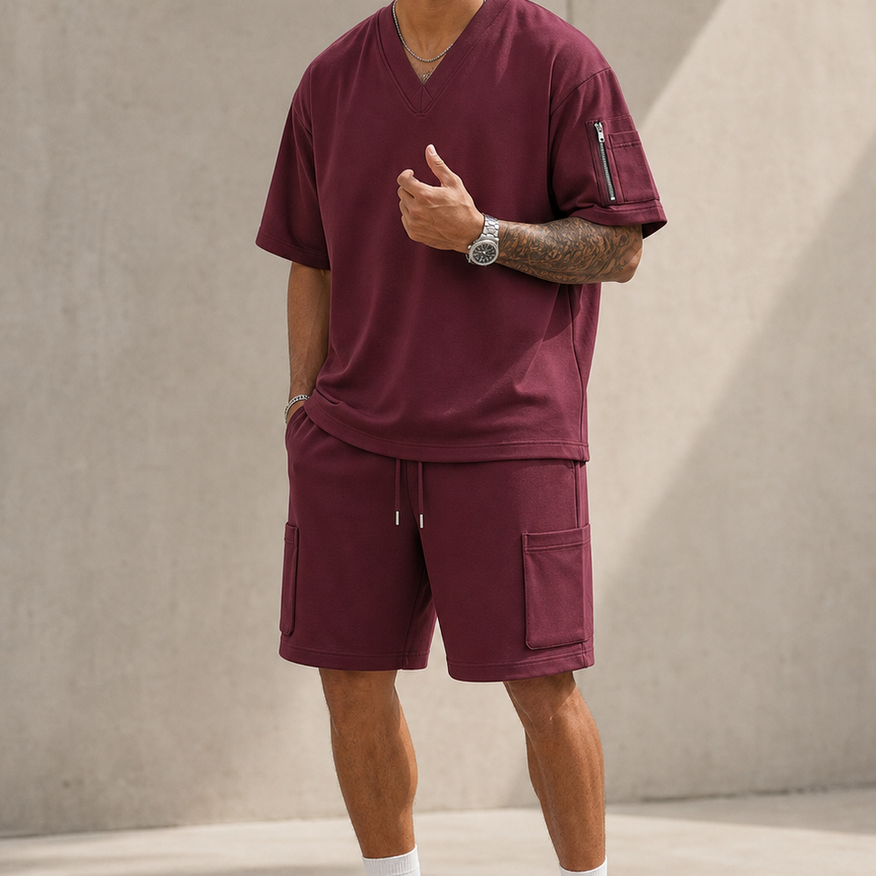 Men's V-Neck Utility Short Sleeve Top and Cargo Shorts Set