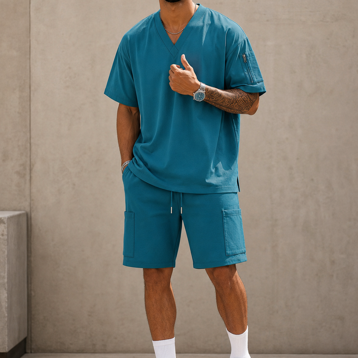 Men's V-Neck Utility Short Sleeve Top and Cargo Shorts Set