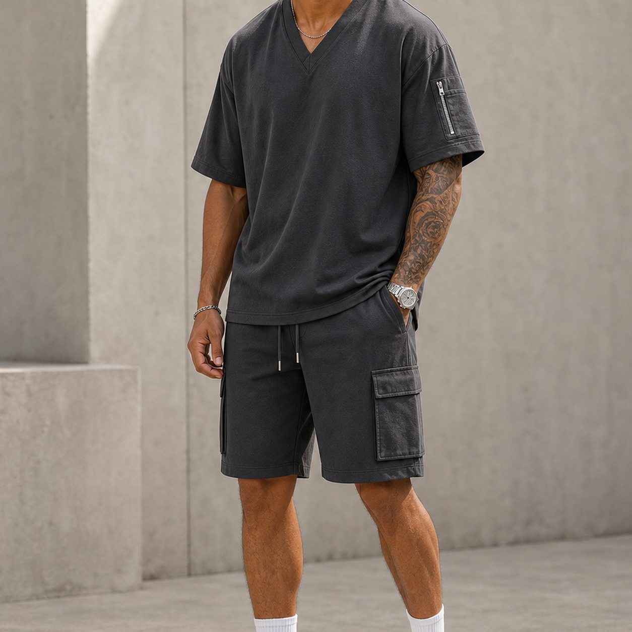 Men's V-Neck Utility Short Sleeve Top and Cargo Shorts Set