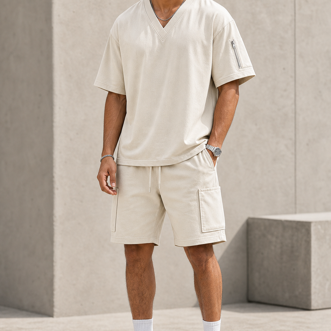 Men's V-Neck Utility Short Sleeve Top and Cargo Shorts Set