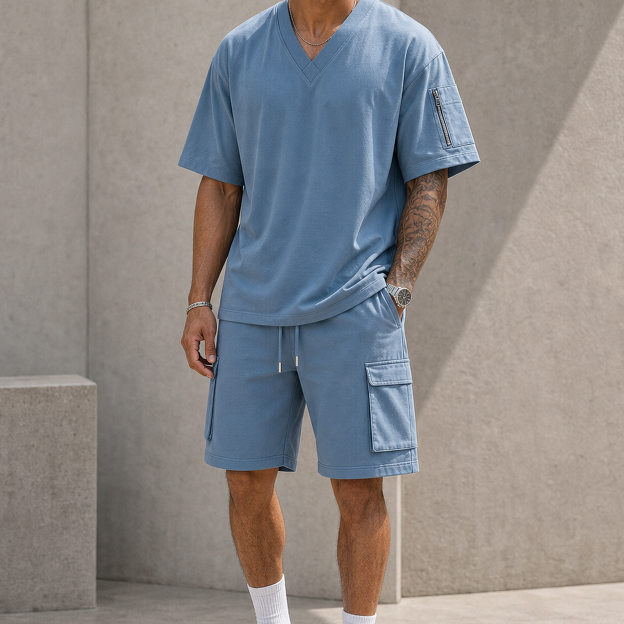 Men's V-Neck Utility Short Sleeve Top and Cargo Shorts Set