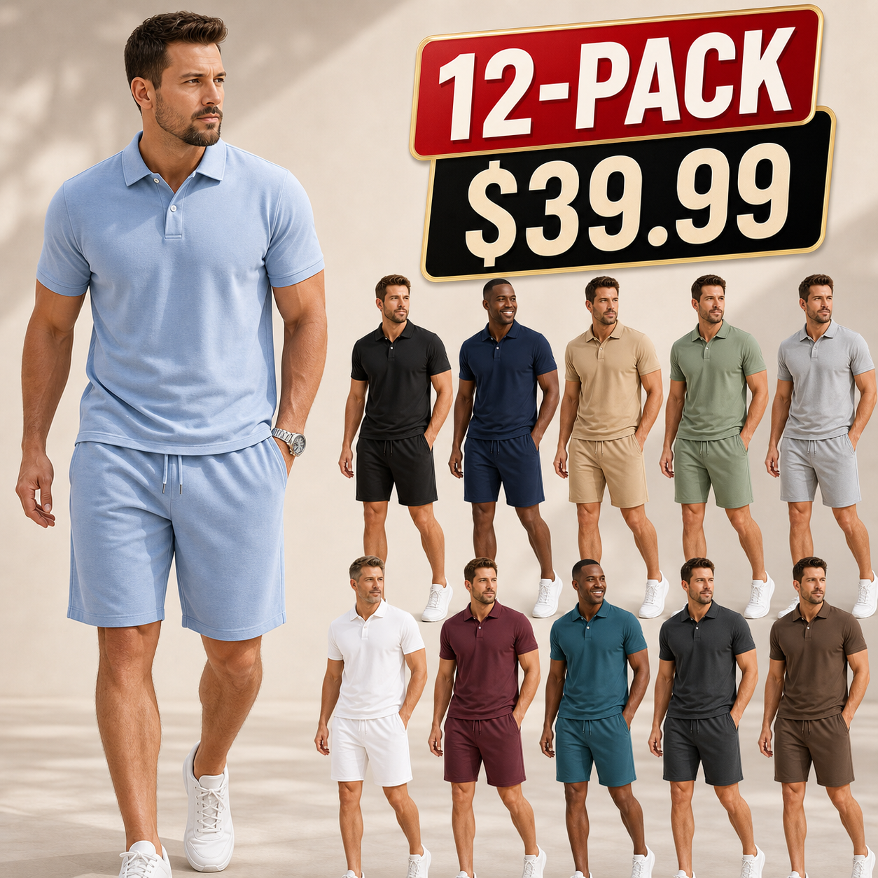 Men's Solid Polo Shirt and Drawstring Shorts Set