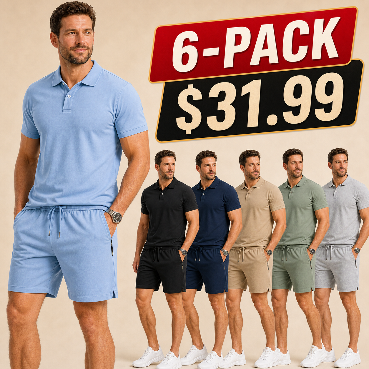 Men's Solid Polo Shirt and Drawstring Shorts Set