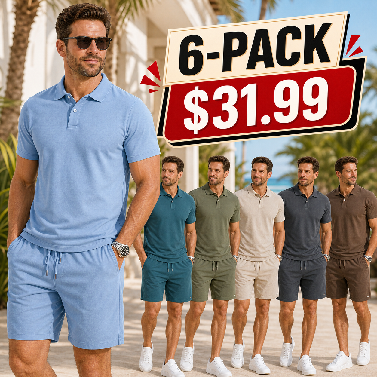 Men's Solid Polo Shirt and Drawstring Shorts Set