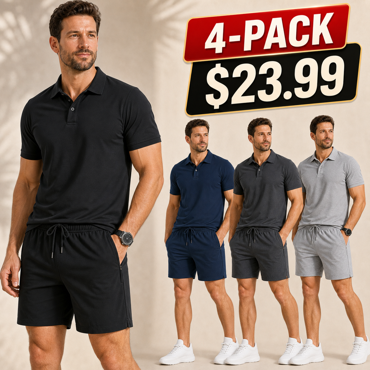 Men's Solid Polo Shirt and Drawstring Shorts Set