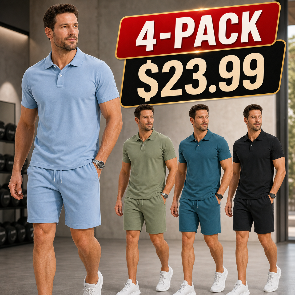 Men's Solid Polo Shirt and Drawstring Shorts Set