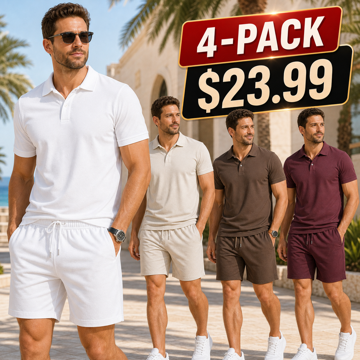 Men's Solid Polo Shirt and Drawstring Shorts Set