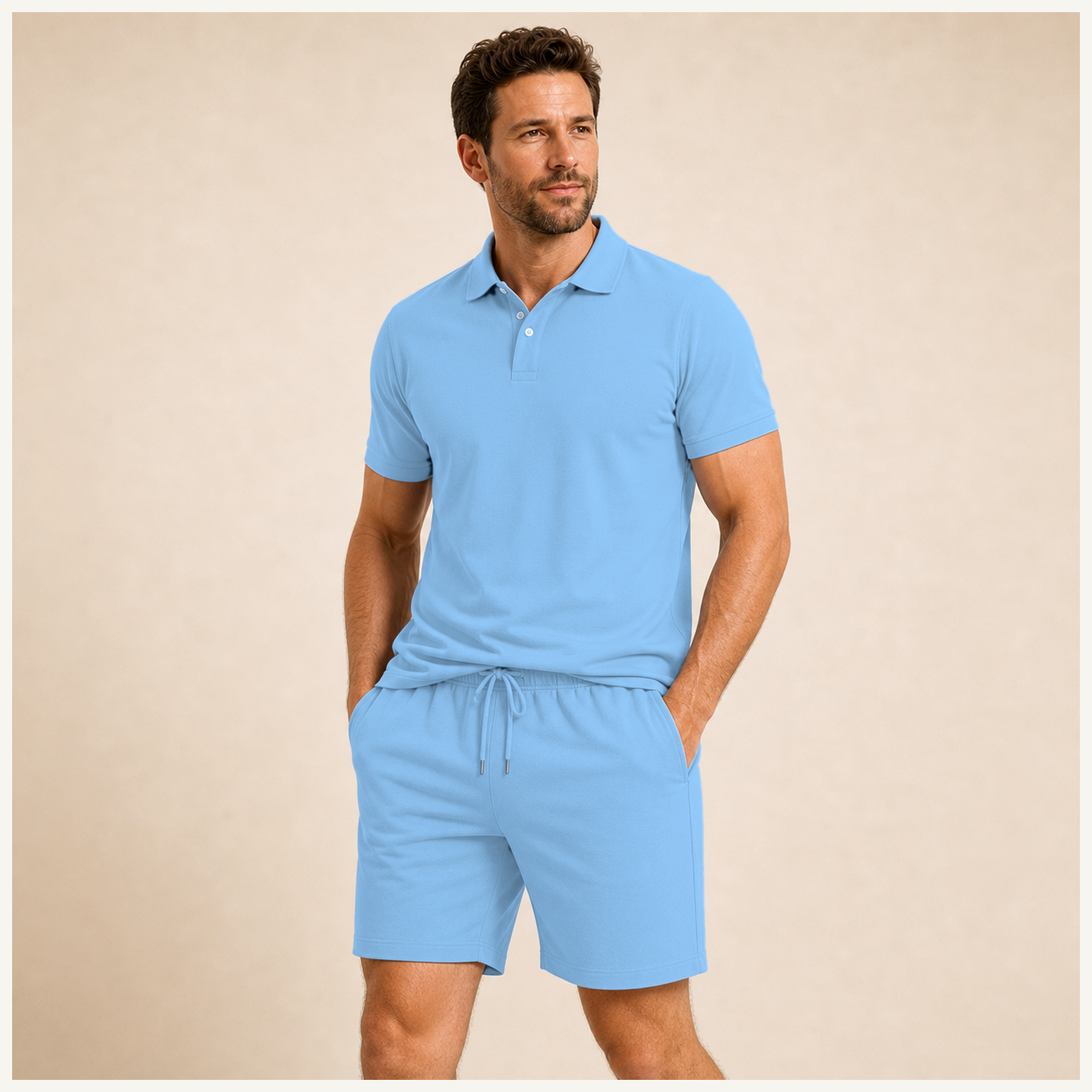 Light Blue - Men's Solid Polo Shirt and Drawstring Shorts Set