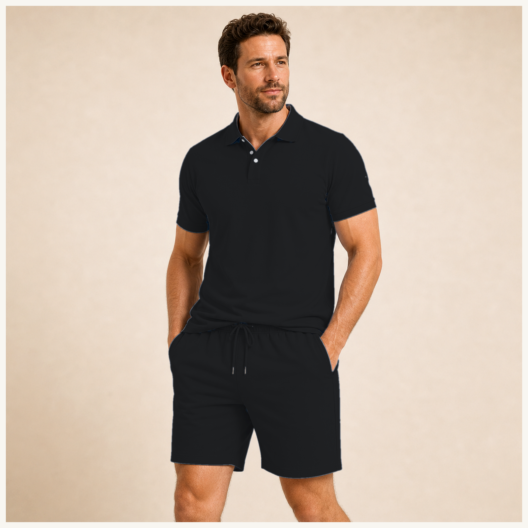Black - Men's Solid Polo Shirt and Drawstring Shorts Set