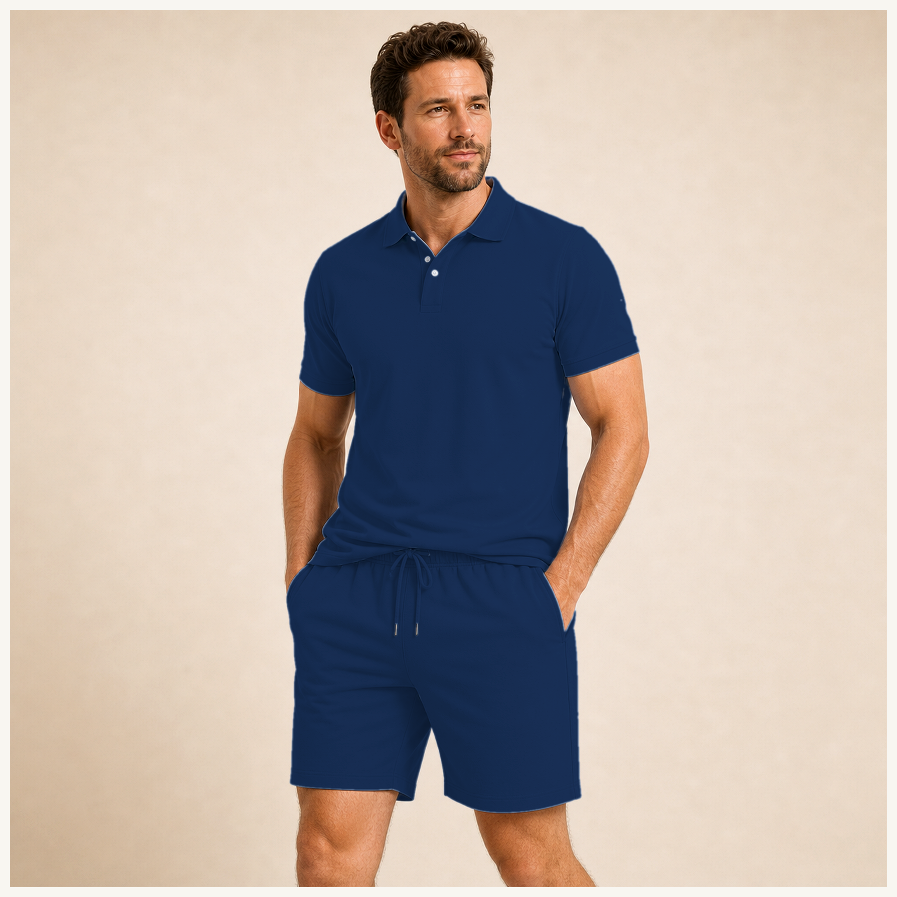 Navy - Men's Solid Polo Shirt and Drawstring Shorts Set