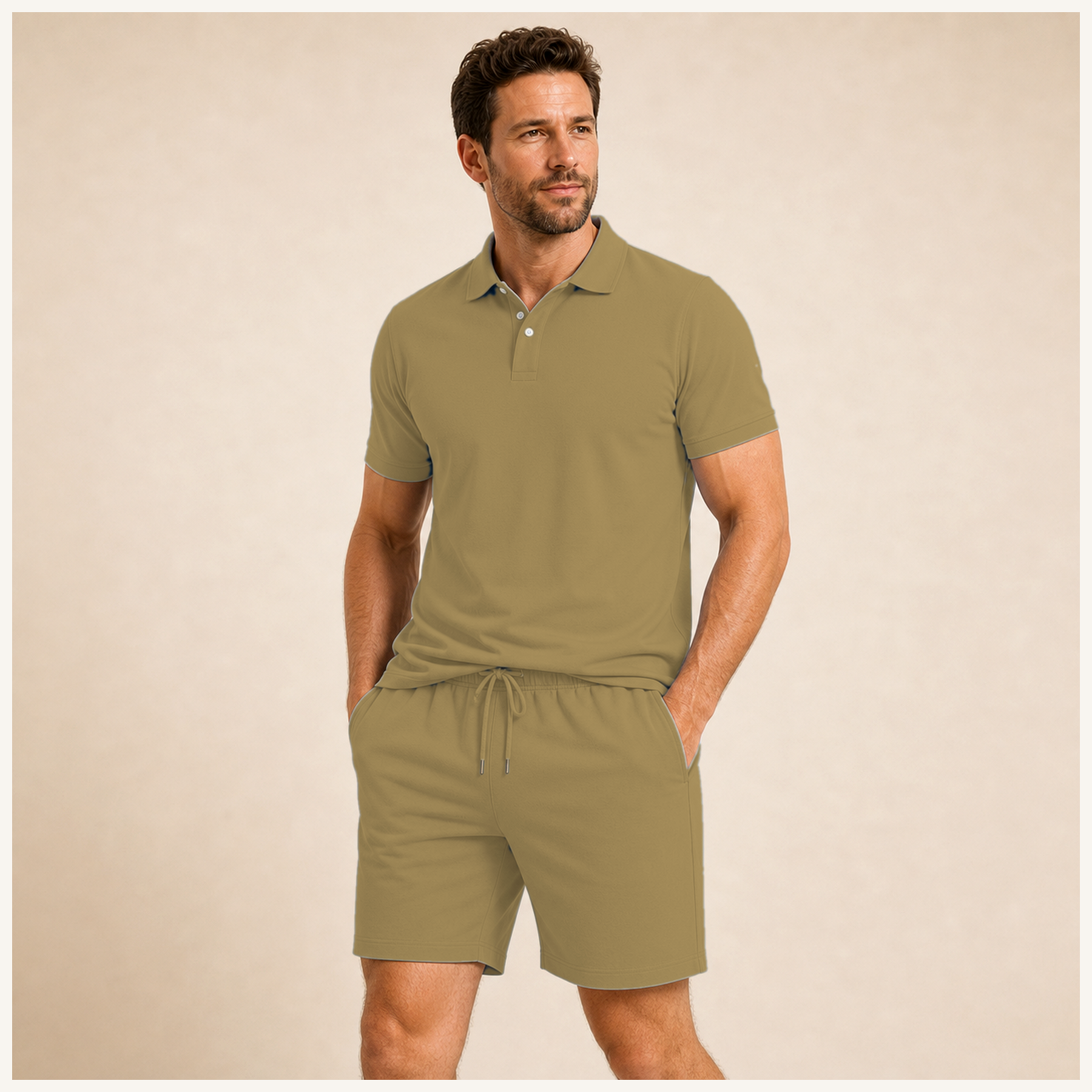 Khaki - Men's Solid Polo Shirt and Drawstring Shorts Set