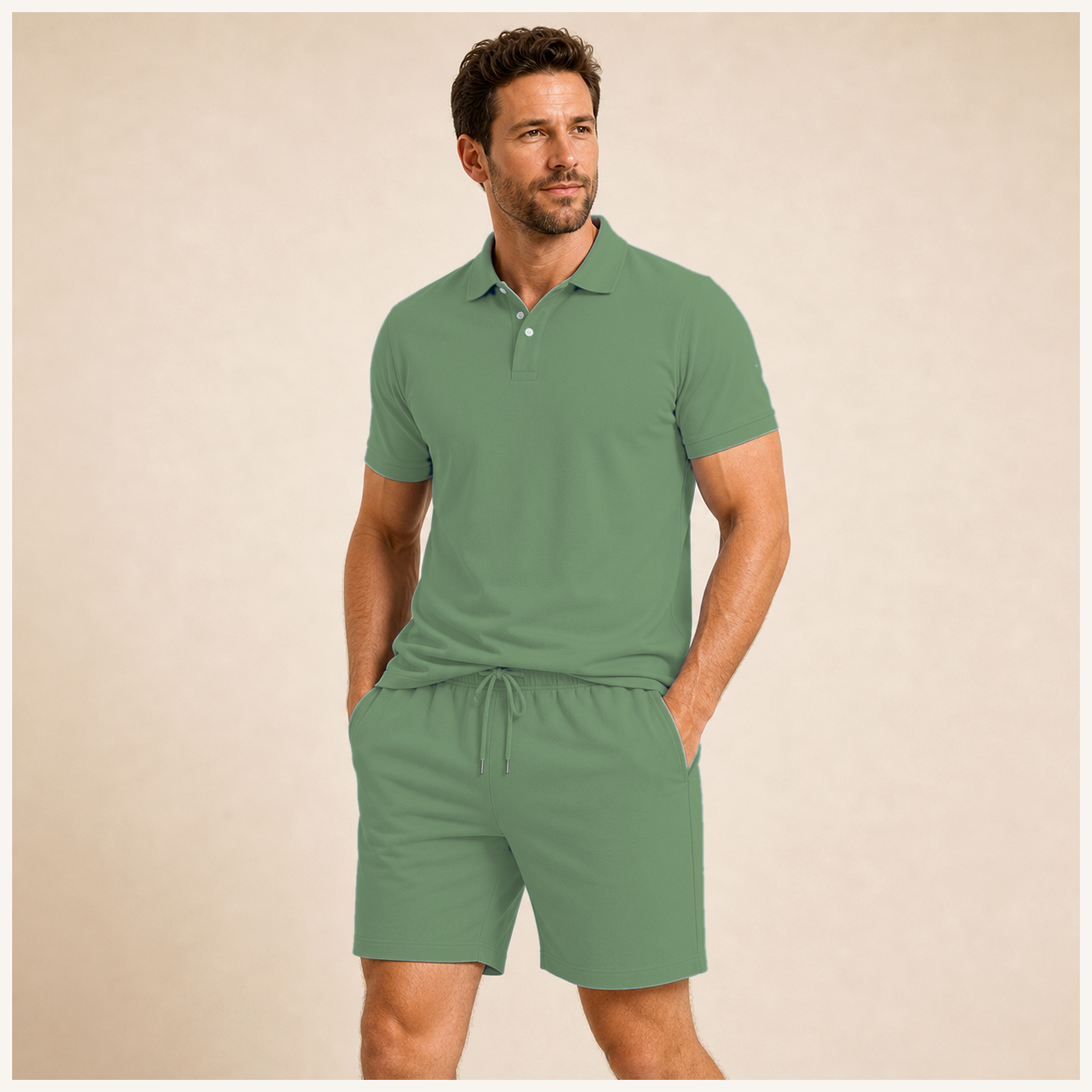 Sage Green - Men's Solid Polo Shirt and Drawstring Shorts Set