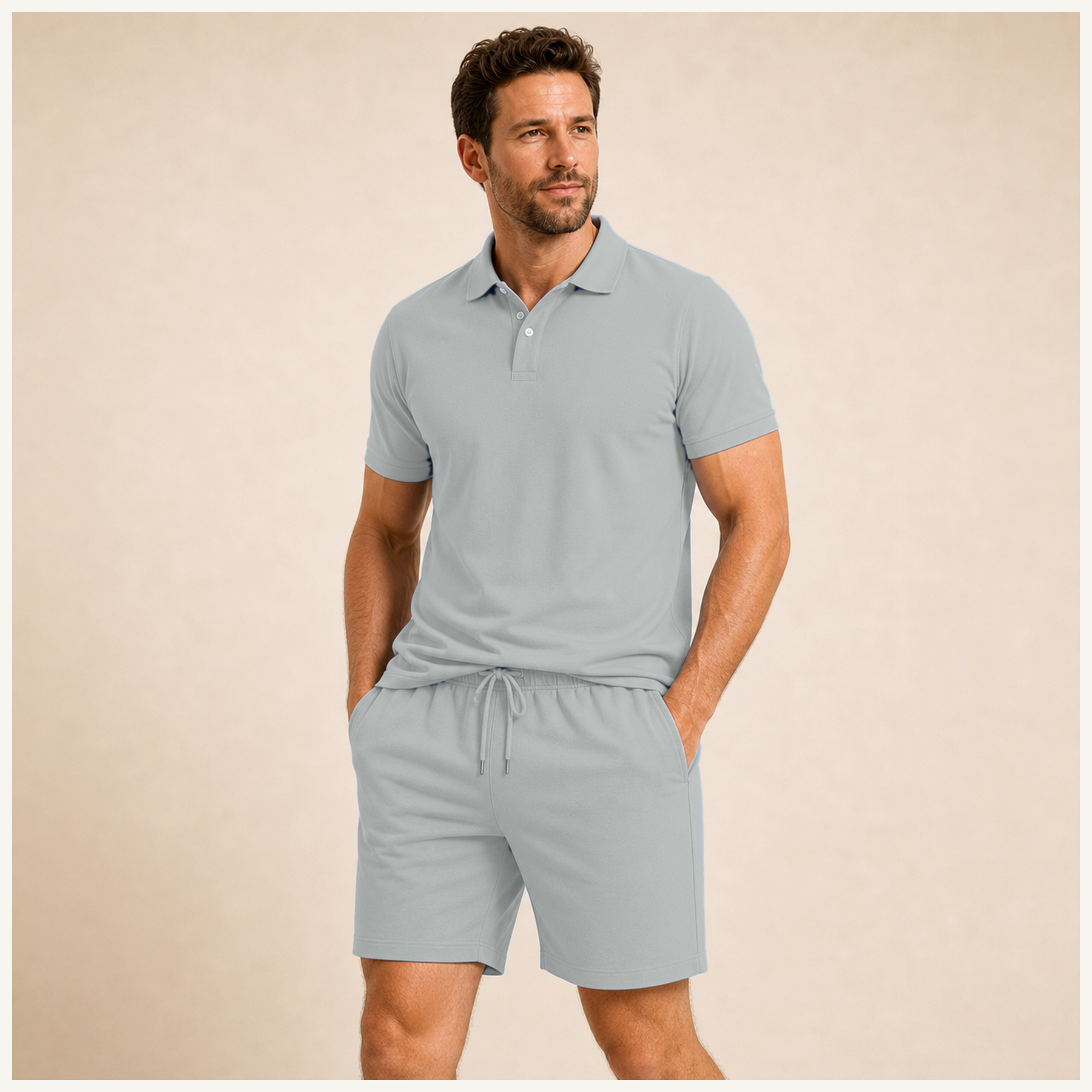 Light Grey - Men's Solid Polo Shirt and Drawstring Shorts Set