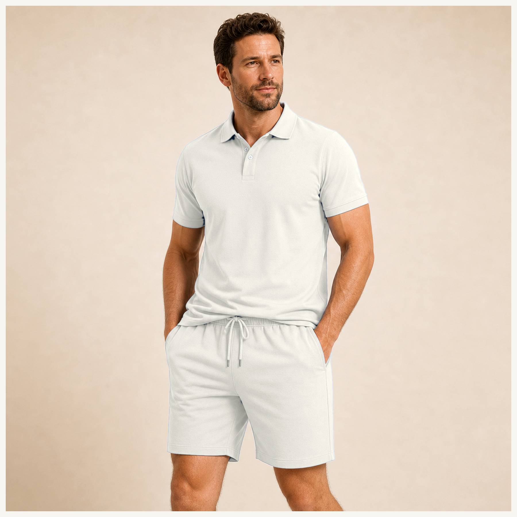White - Men's Solid Polo Shirt and Drawstring Shorts Set