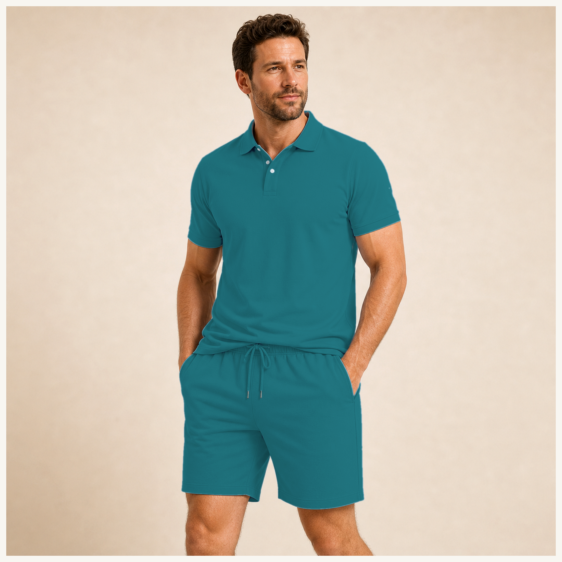 Teal - Men's Solid Polo Shirt and Drawstring Shorts Set