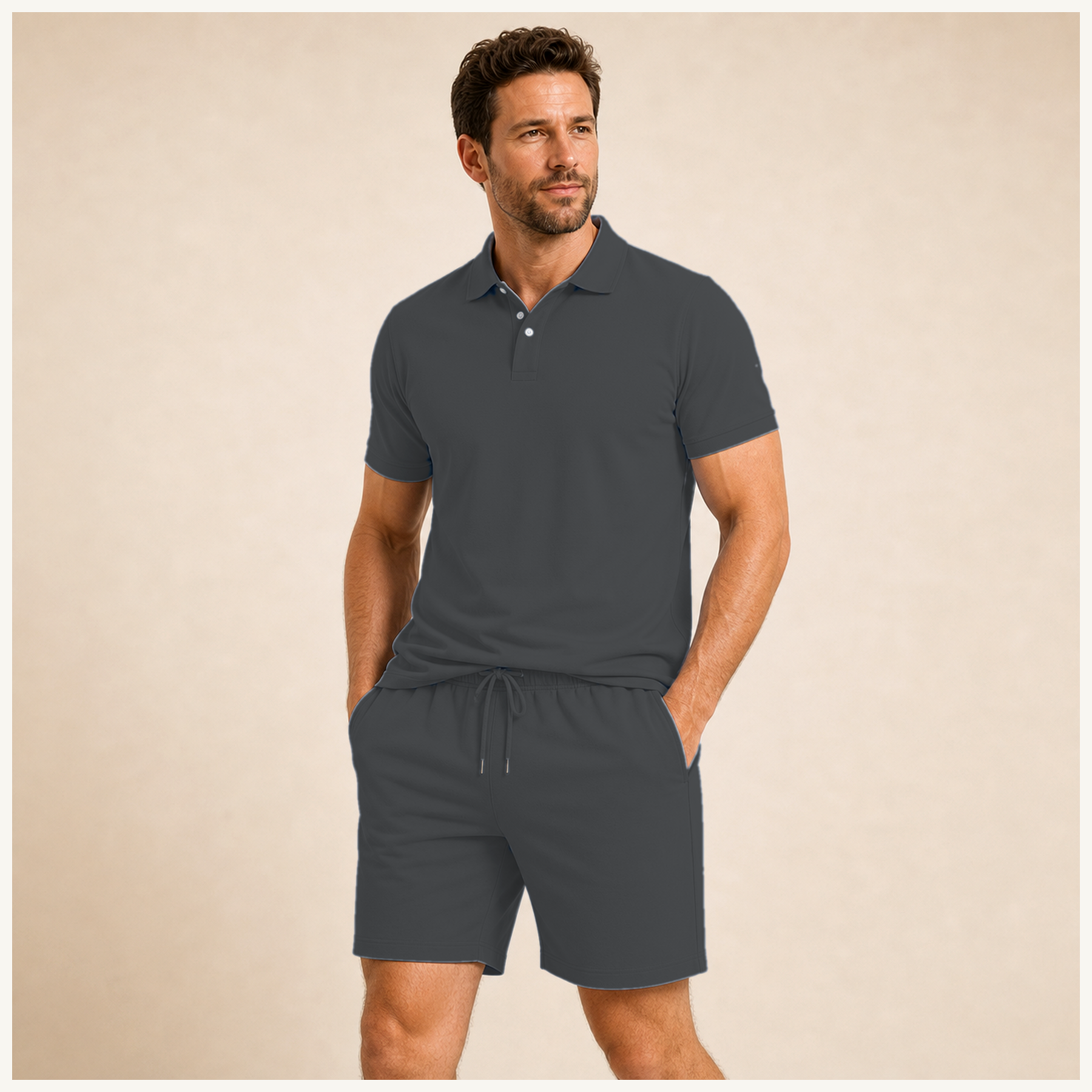 Charcoal - Men's Solid Polo Shirt and Drawstring Shorts Set