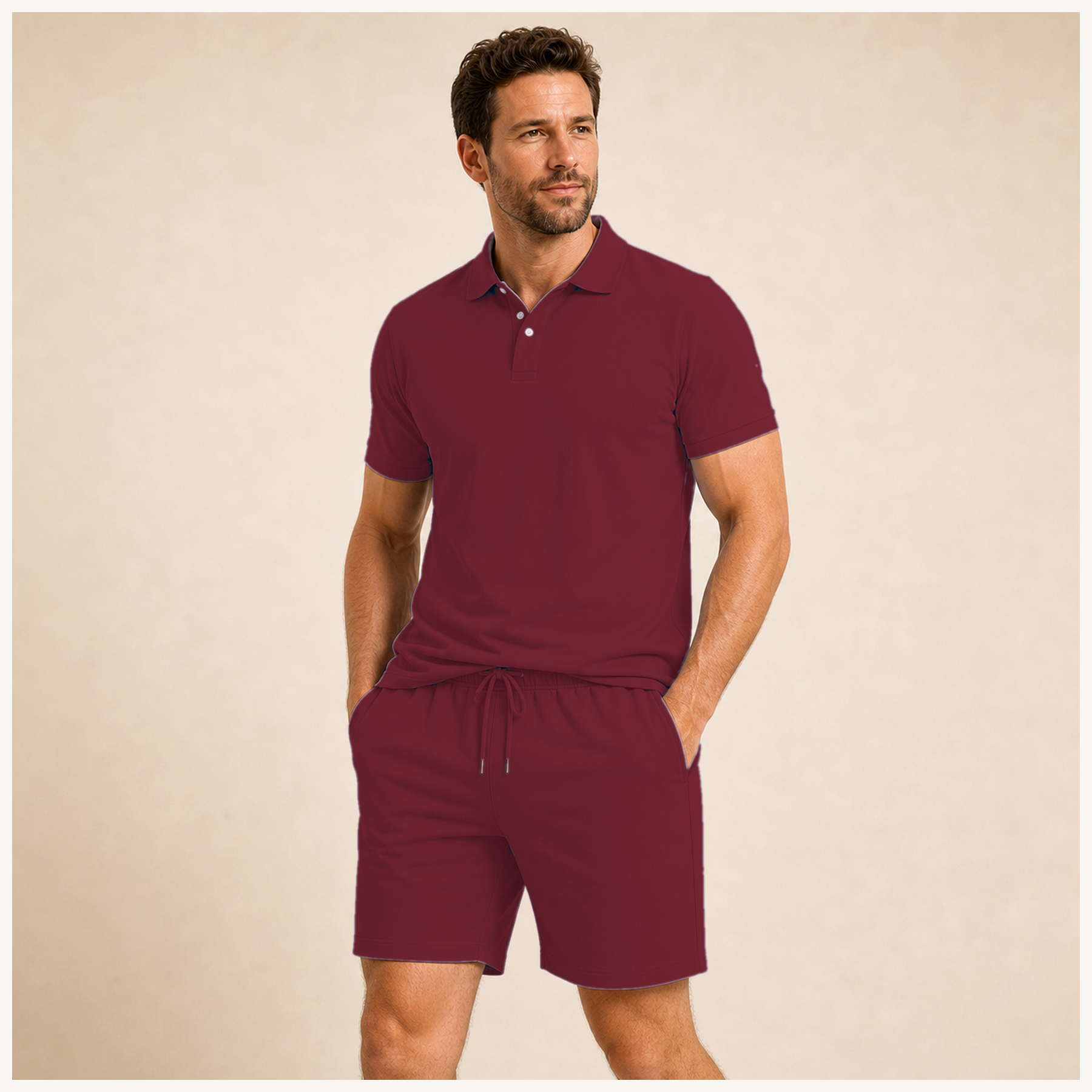 Burgundy - Men's Solid Polo Shirt and Drawstring Shorts Set