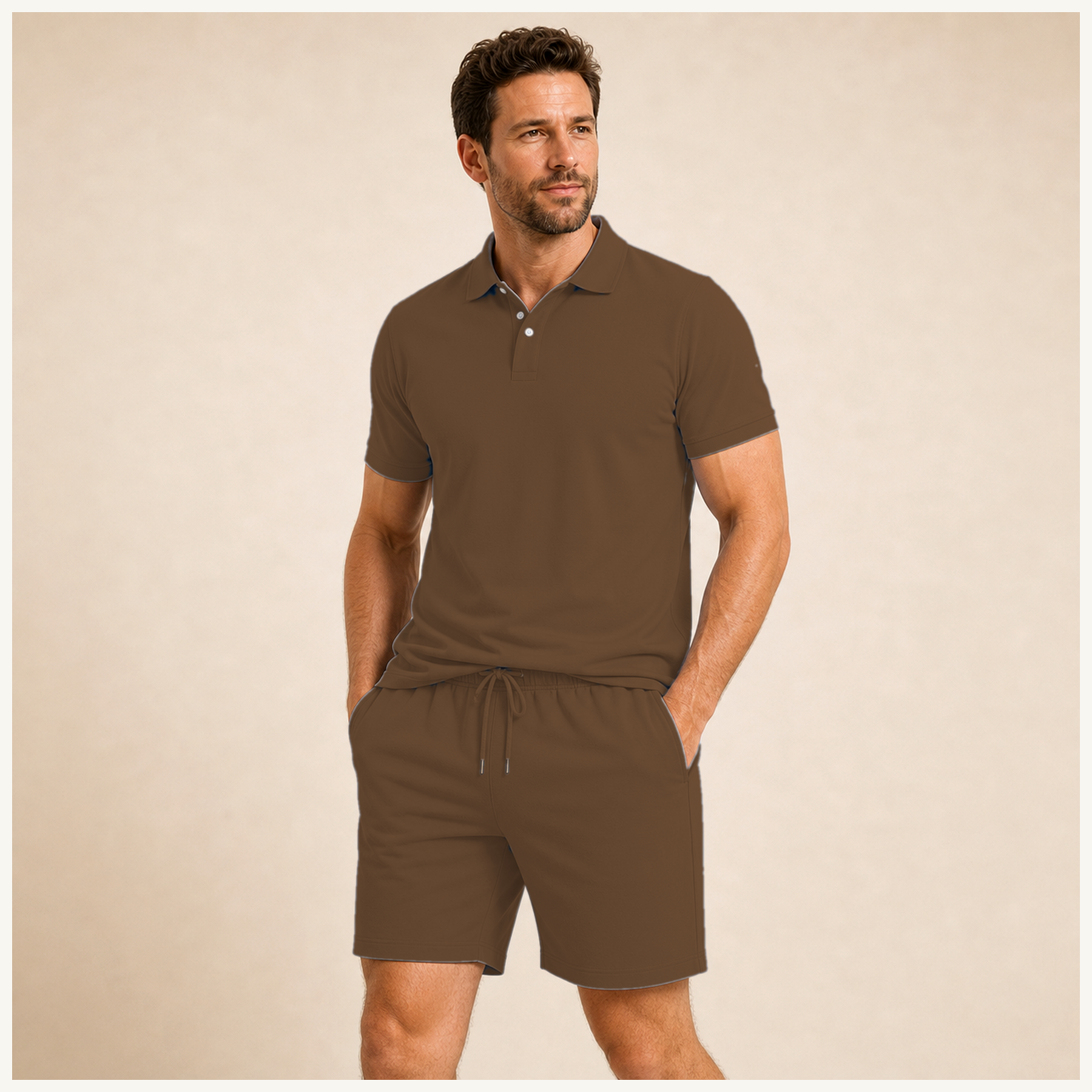 Coffee - Men's Solid Polo Shirt and Drawstring Shorts Set