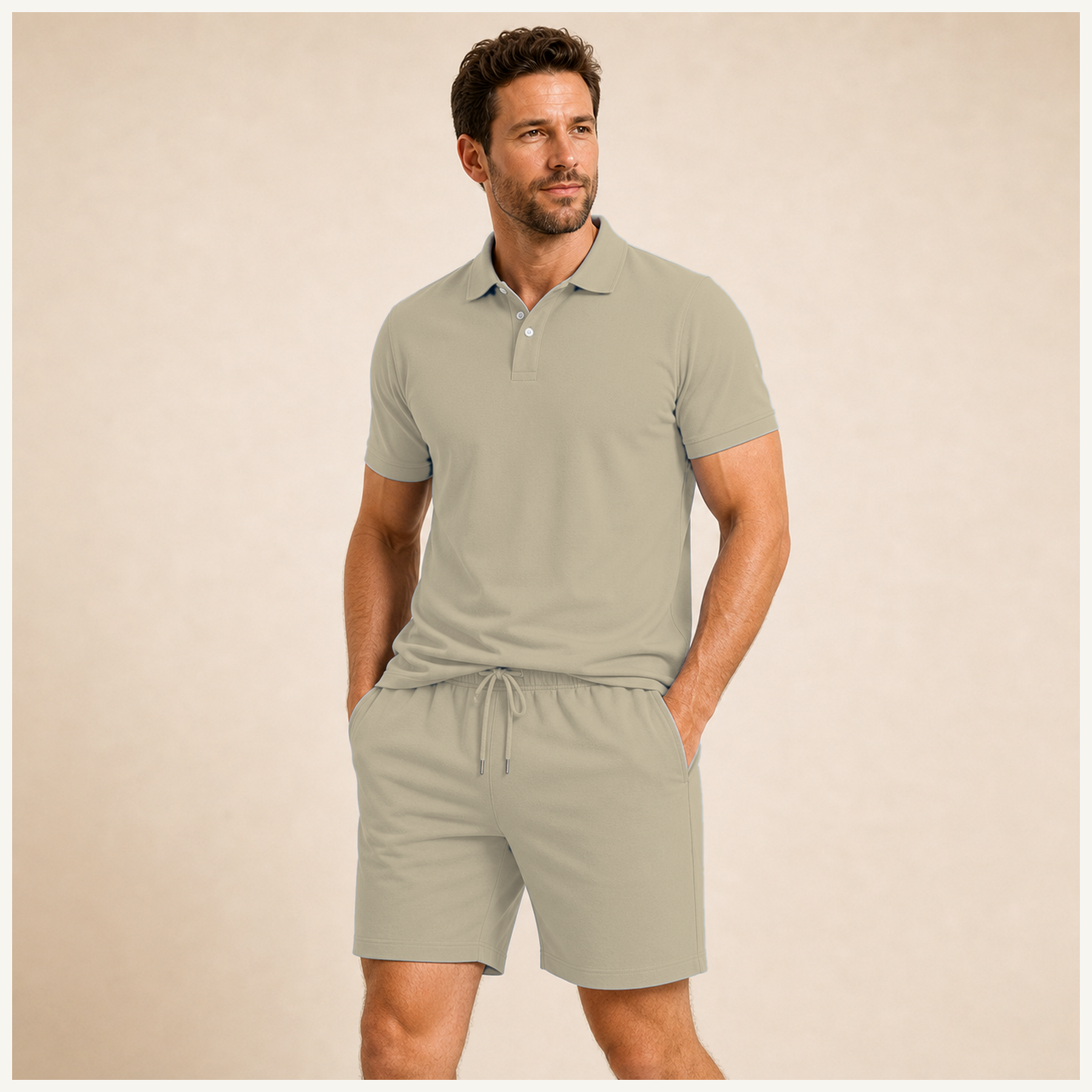 Stone - Men's Solid Polo Shirt and Drawstring Shorts Set
