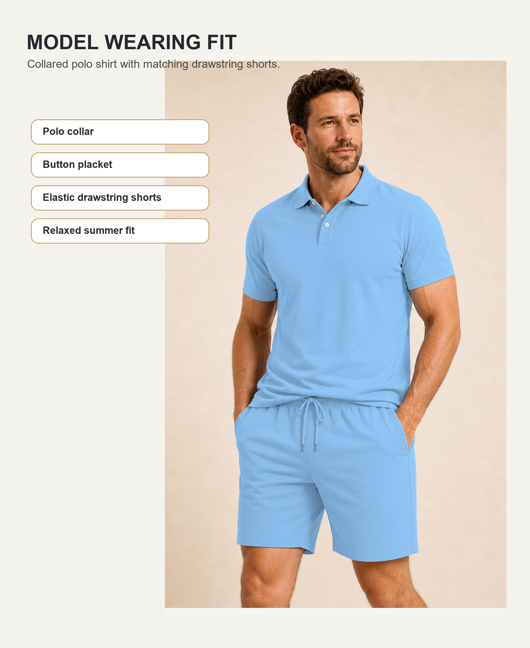 Model wearing polo shirt and drawstring shorts set