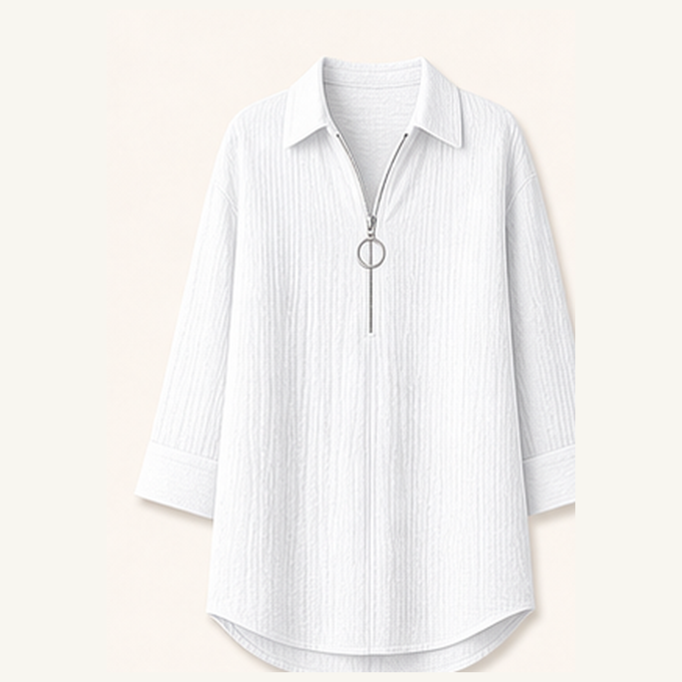 Women's Crinkle Gauze Half-Zip Collared 3/4 Sleeve Blouses