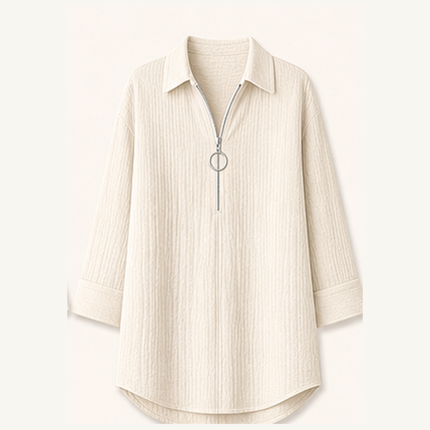 Women's Crinkle Gauze Half-Zip Collared 3/4 Sleeve Blouses