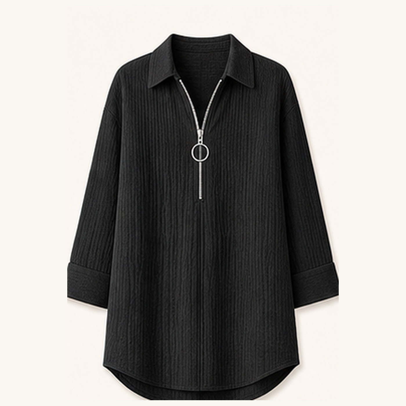 Women's Crinkle Gauze Half-Zip Collared 3/4 Sleeve Blouses