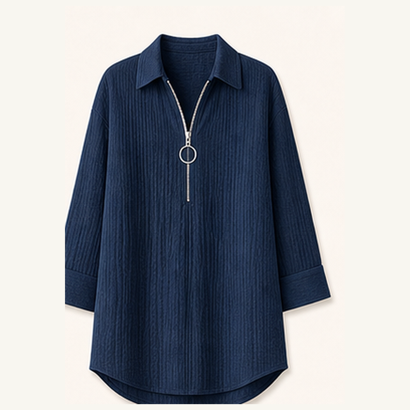 Women's Crinkle Gauze Half-Zip Collared 3/4 Sleeve Blouses