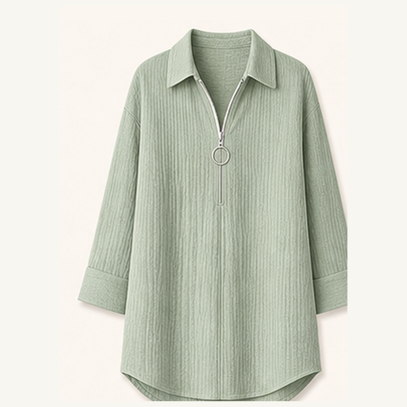 Women's Crinkle Gauze Half-Zip Collared 3/4 Sleeve Blouses