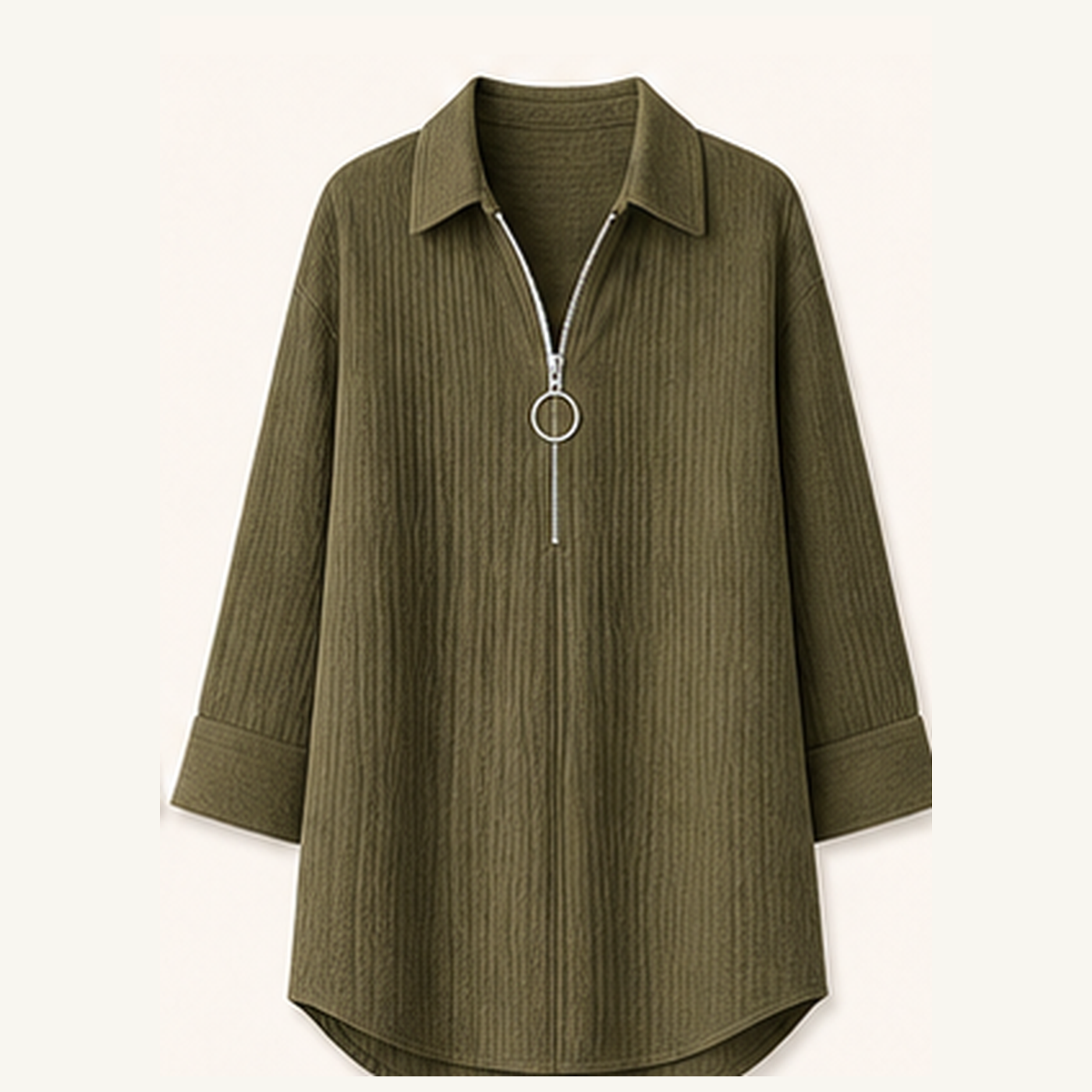 Women's Crinkle Gauze Half-Zip Collared 3/4 Sleeve Blouses