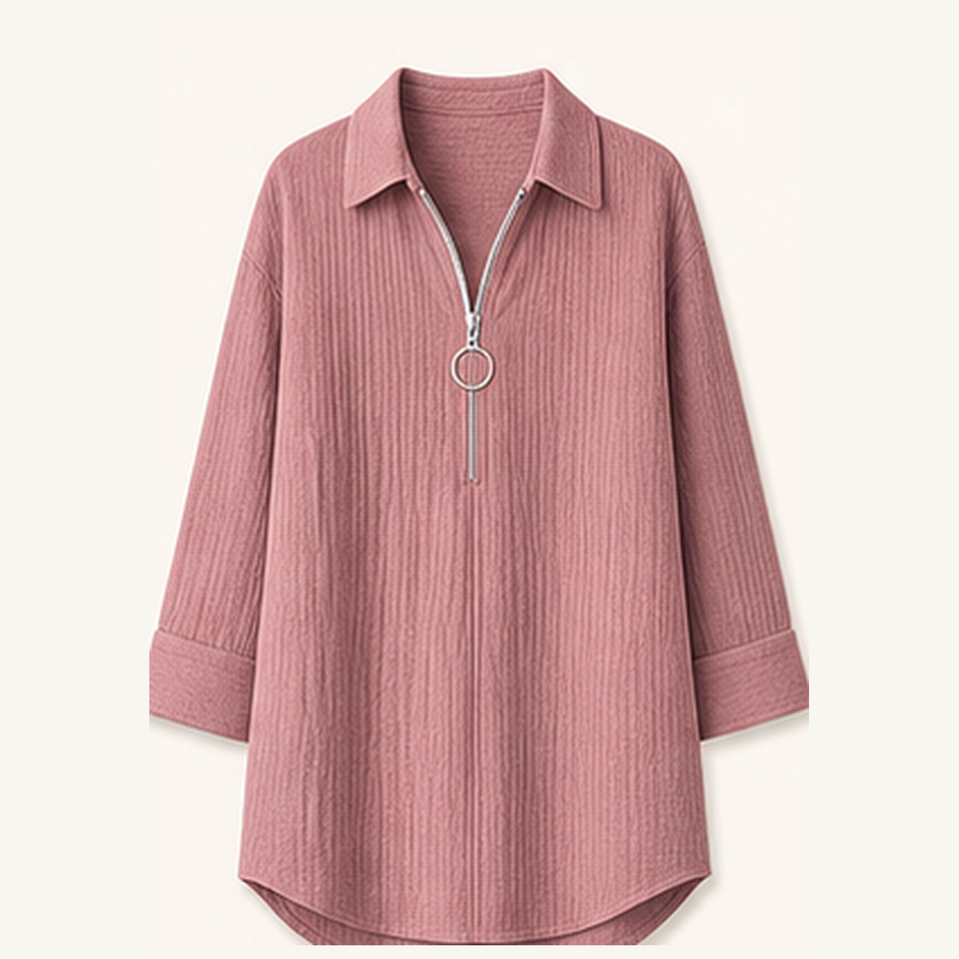 Women's Crinkle Gauze Half-Zip Collared 3/4 Sleeve Blouses