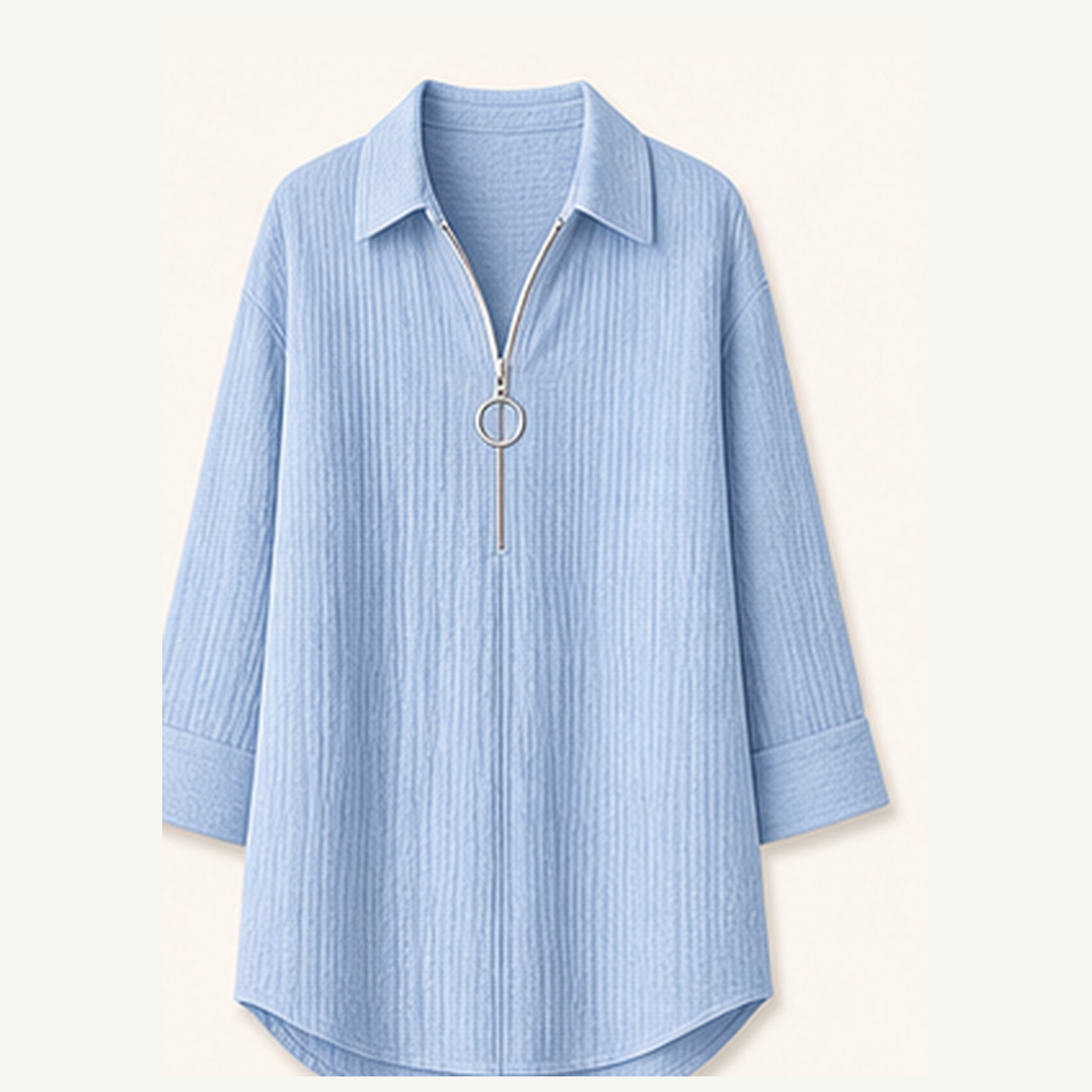 Women's Crinkle Gauze Half-Zip Collared 3/4 Sleeve Blouses