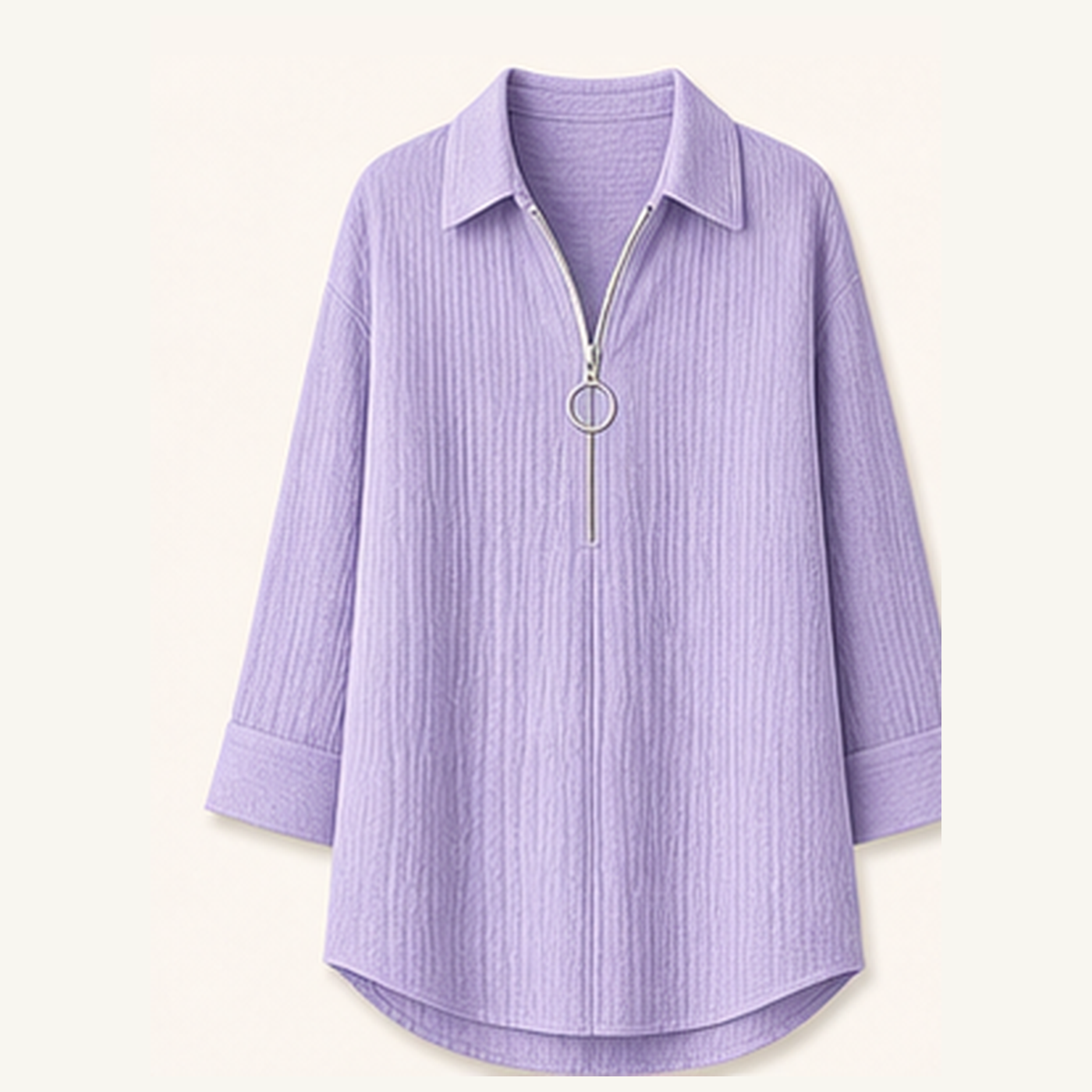 Women's Crinkle Gauze Half-Zip Collared 3/4 Sleeve Blouses