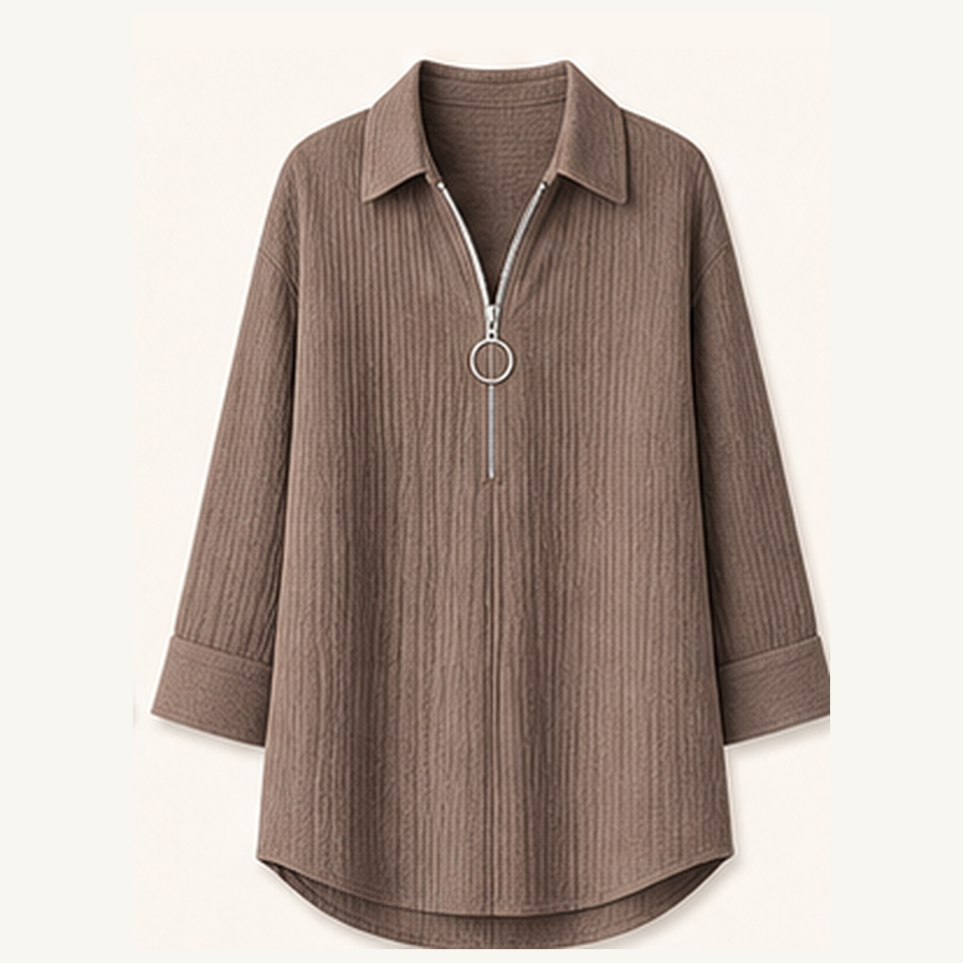 Women's Crinkle Gauze Half-Zip Collared 3/4 Sleeve Blouses