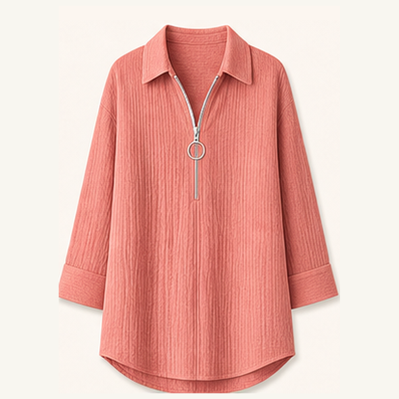 Women's Crinkle Gauze Half-Zip Collared 3/4 Sleeve Blouses