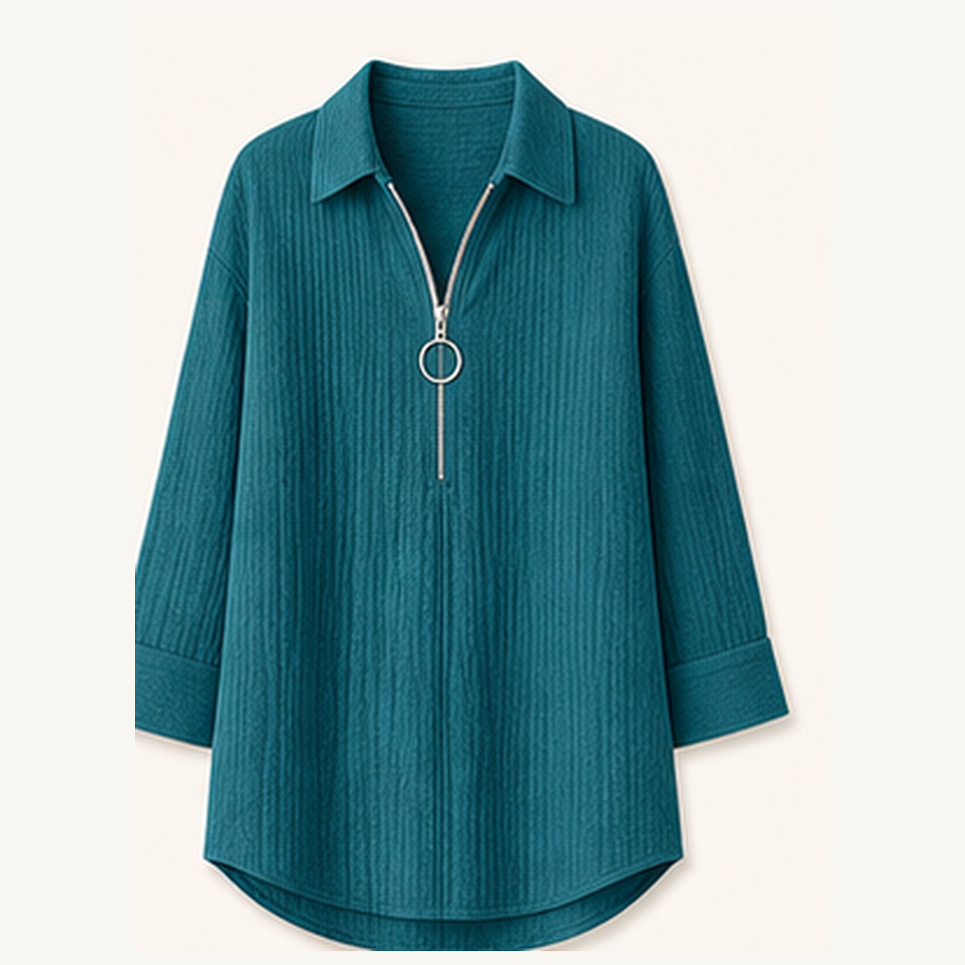 Women's Crinkle Gauze Half-Zip Collared 3/4 Sleeve Blouses