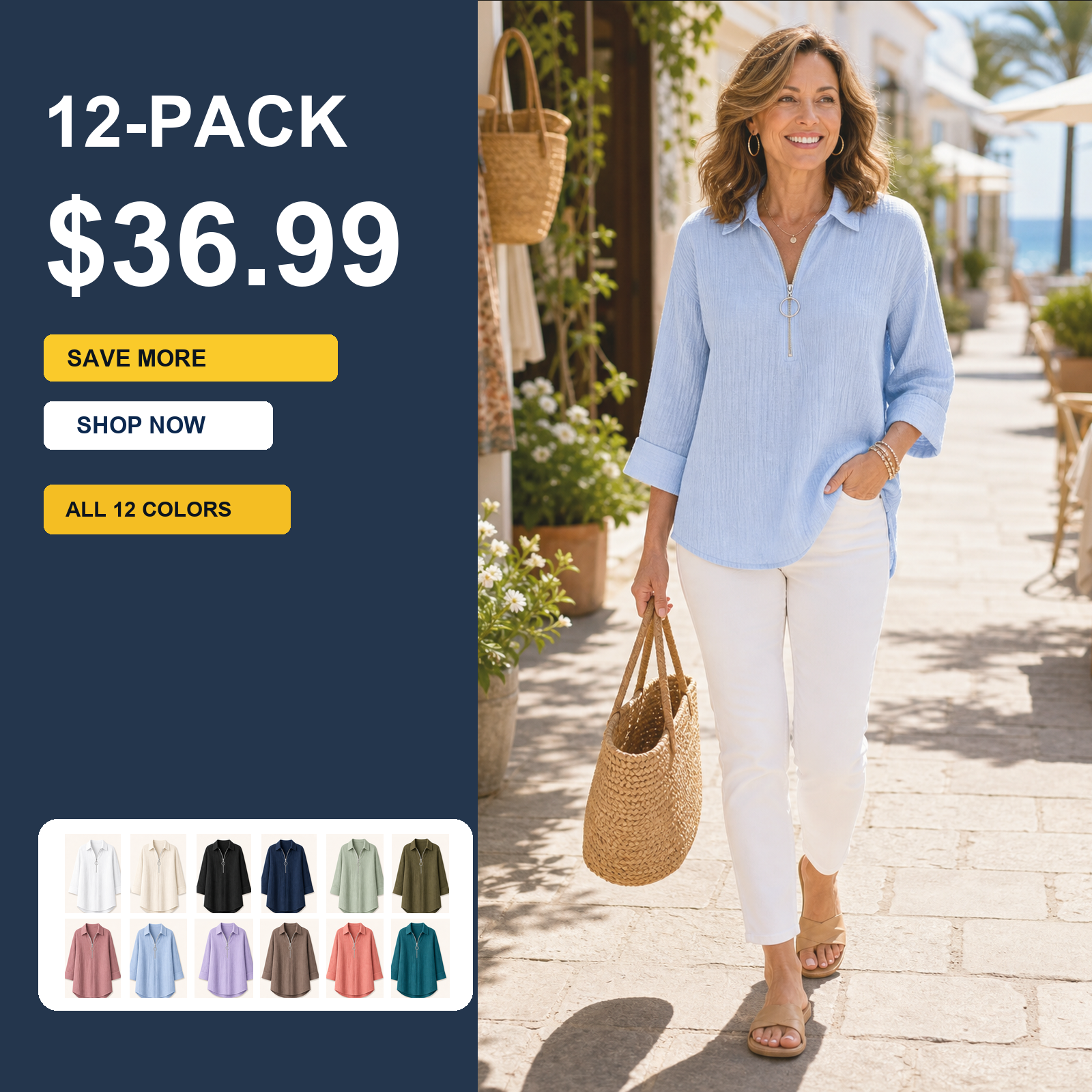 Women's Crinkle Gauze Half-Zip Collared 3/4 Sleeve Blouses