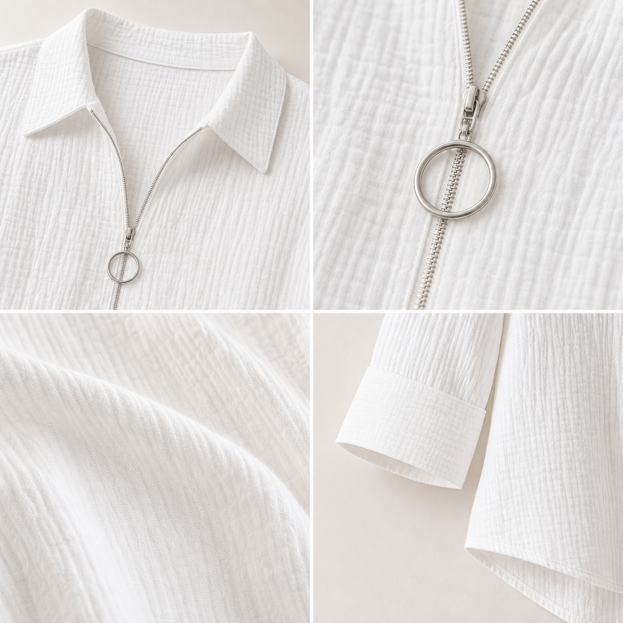Women's Crinkle Gauze Half-Zip Collared 3/4 Sleeve Blouses