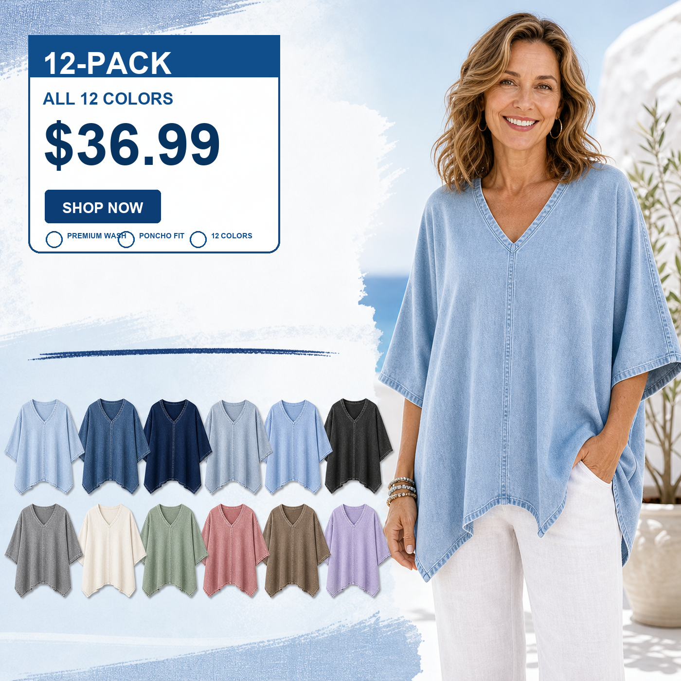 Women's Oversized Denim V-Neck Poncho Tunic Tops