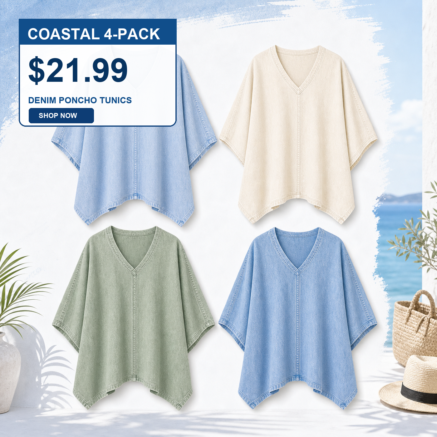 Women's Oversized Denim V-Neck Poncho Tunic Tops